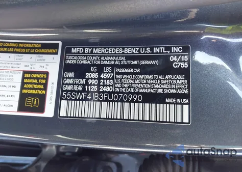 2015 Mercedes-Benz C 300 из США, поврежденный, VIN 55SWF4JB3FU070990